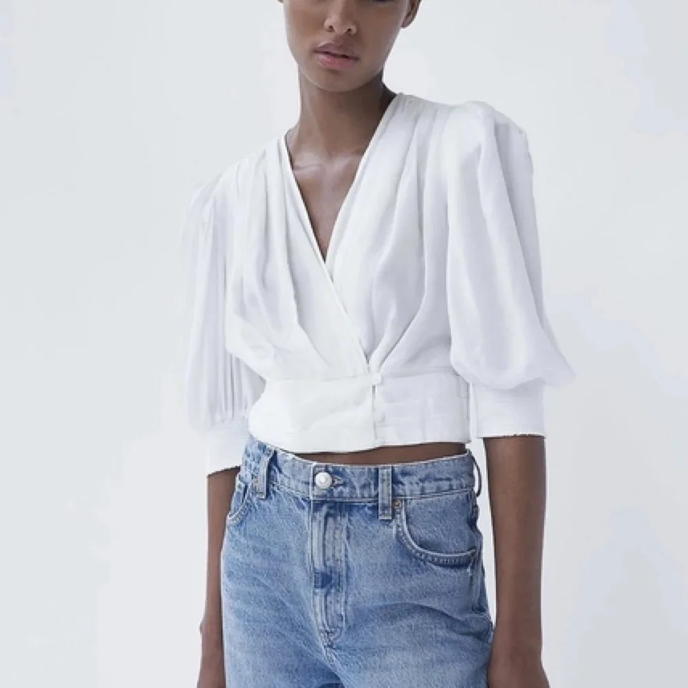 Zara White Wrap Front Puff Sleeve Cropped Blouse Top Size M Romantic